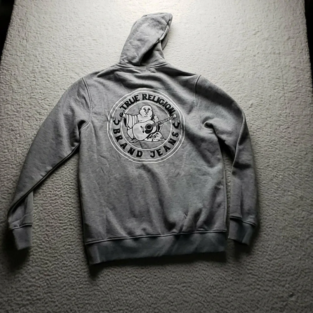 True Religion Hoodie Mens Medium Gray Full Zip Buddha Back Graphic Fleece Logo